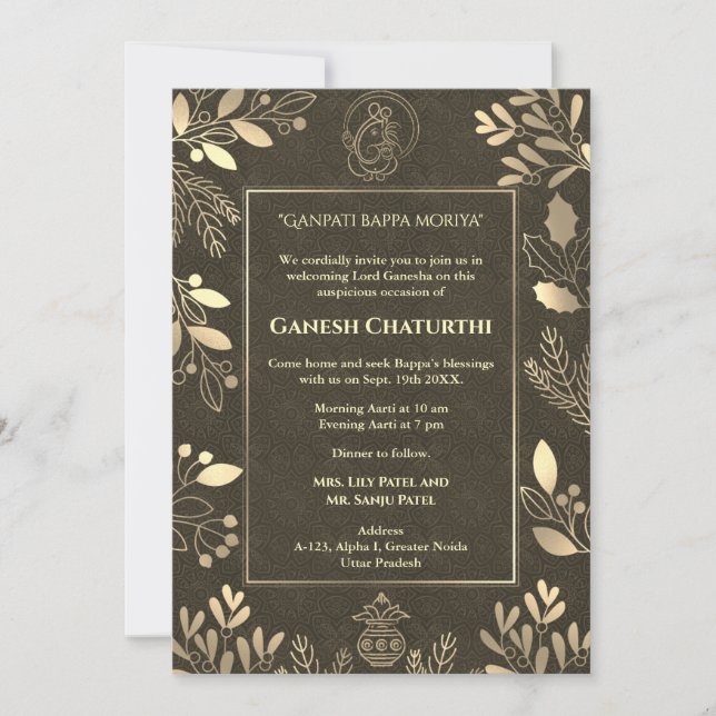 Invitación Elementos dorados de Ganesh Chaturthi Puja (Anverso)