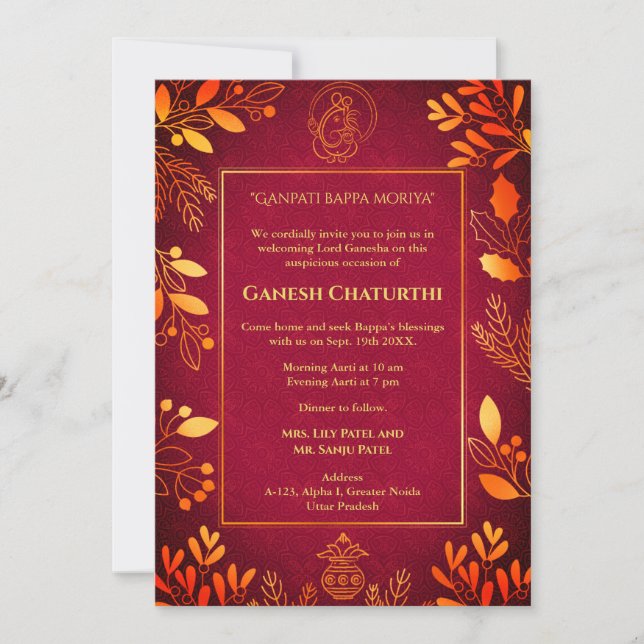 Invitación Elementos dorados de Ganesh Chaturthi Puja (Anverso)