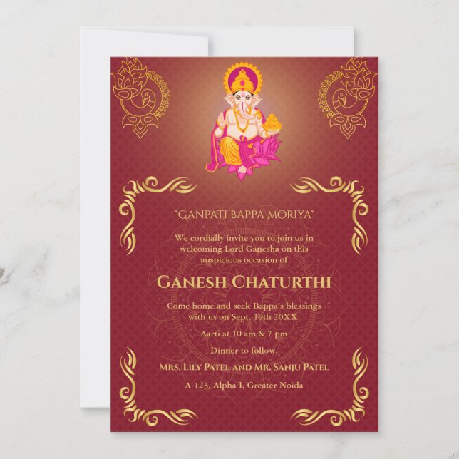 Invitación Elementos dorados de Ganesh Chaturthi Puja Roya (Anverso)