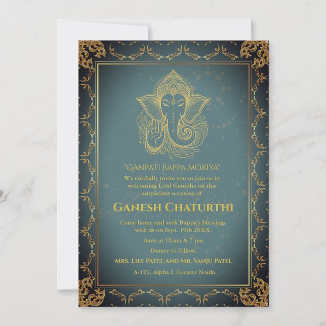 Invitación Elementos dorados de Ganesh Chaturthi Puja Roya (Anverso)