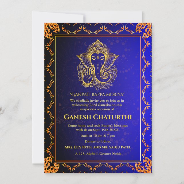 Invitación Elementos dorados de Ganesh Chaturthi Puja Roya (Anverso)