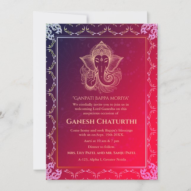 Invitación Elementos dorados de Ganesh Chaturthi Puja Roya (Anverso)