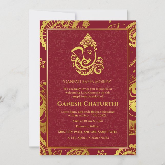 Invitación Elementos dorados de Ganesh Chaturthi Puja Roya (Anverso)