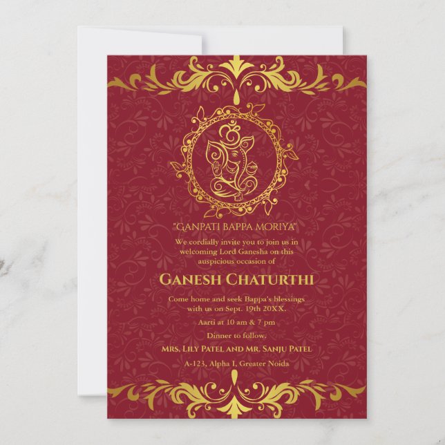 Invitación Elementos dorados de Ganesh Chaturthi Puja Roya (Anverso)