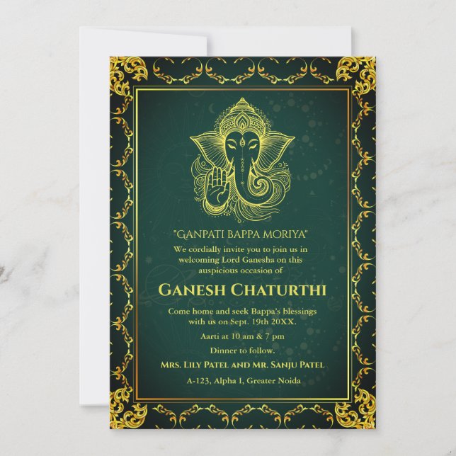 Invitación Elementos dorados de Ganesh Chaturthi Puja Roya (Anverso)