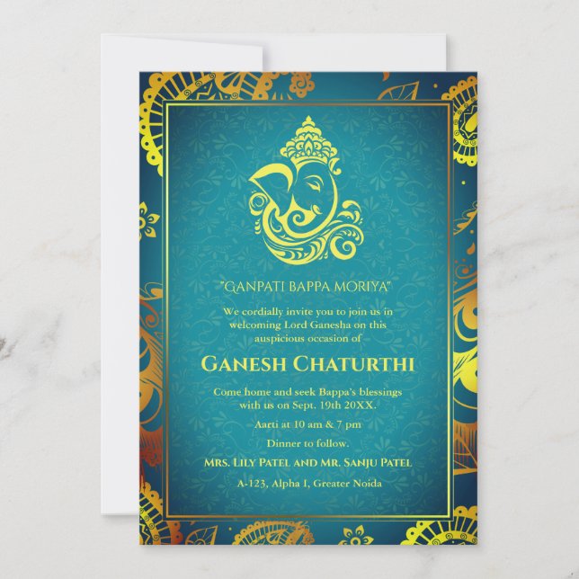 Invitación Elementos dorados de Ganesh Chaturthi Puja Roya (Anverso)