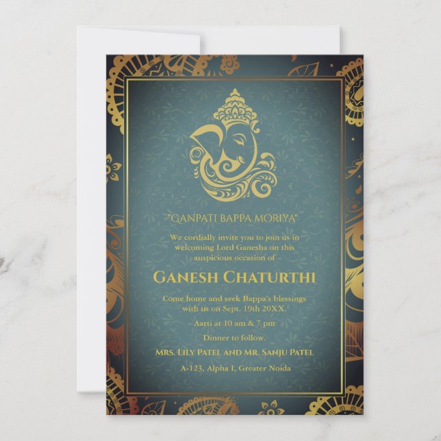 Invitación Elementos dorados de Ganesh Chaturthi Puja Roya (Anverso)