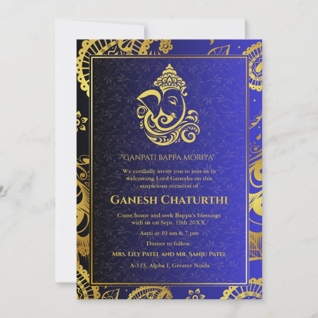 Invitación Elementos dorados de Ganesh Chaturthi Puja Roya (Anverso)