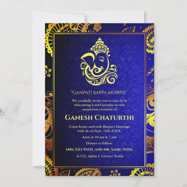 Invitación Elementos dorados de Ganesh Chaturthi Puja Roya (Anverso)