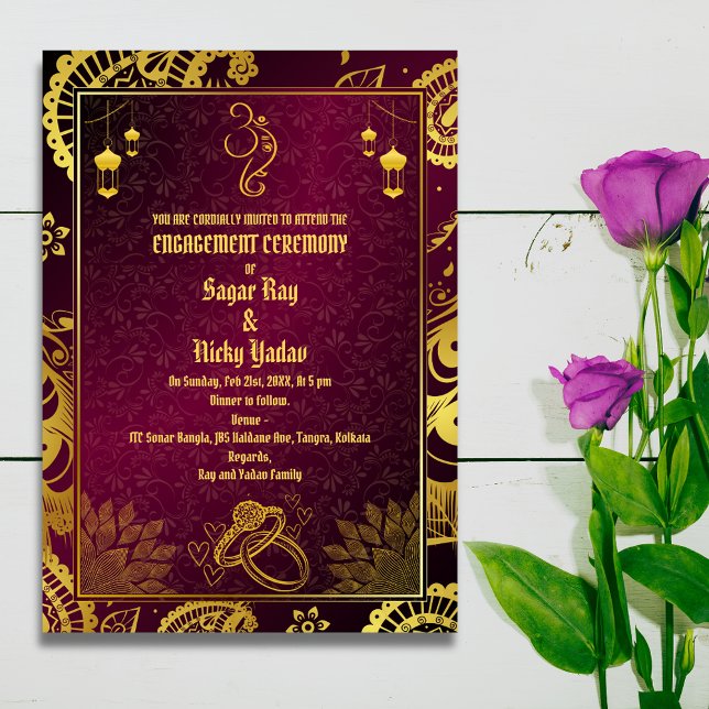 Invitación Elementos dorados de la ceremonia hindú de comprom (Subido por el creador)