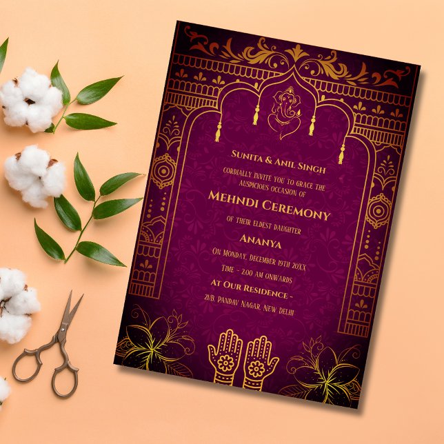 Invitación Elementos dorados de la ceremonia Mehndi de la nov (Subido por el creador)