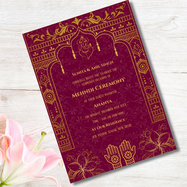 Invitación Elementos dorados de la ceremonia Mehndi de la nov (Subido por el creador)