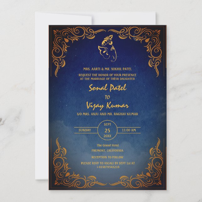 Invitación Elementos dorados del logo del Boda hindú Ganesha (Anverso)
