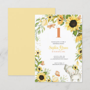 Invitación  Elephant and Sunflower Animal First Birthday
