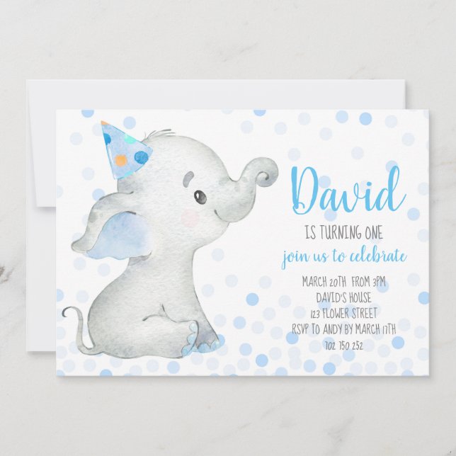 Invitación Elephant Baby Boy Blue Confetti Safari Jungle (Anverso)