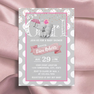 Invitación Elephant Baby Girl Cute Polka Dot Grey Baby Shower