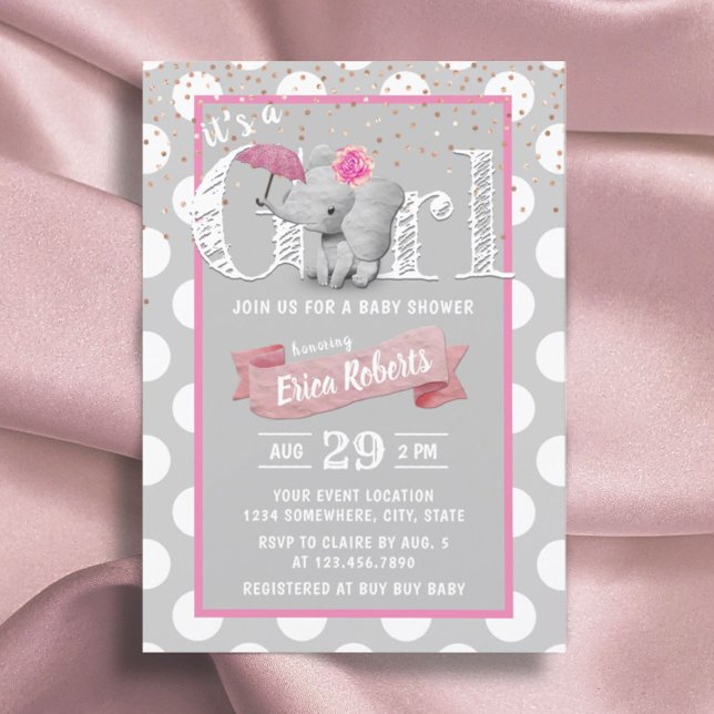 Invitación Elephant Baby Girl Cute Polka Dot Grey Baby Shower (Subido por el creador)