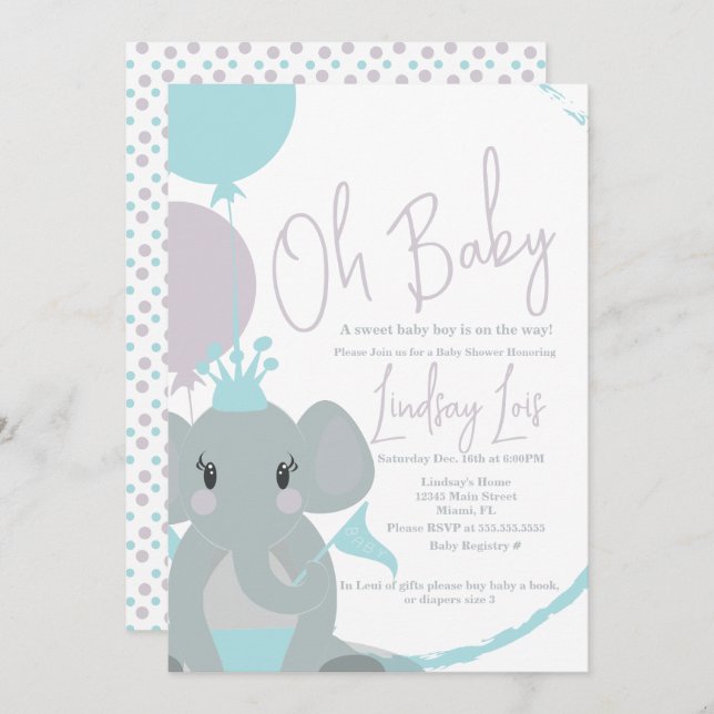 Invitación Elephant Baby Girl Globons Script Baby Shower (Anverso / Reverso)