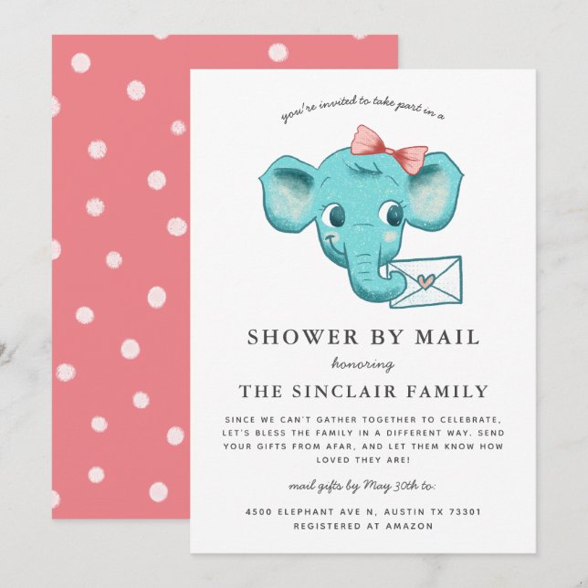 Invitación Elephant Baby Girl Shower Por Correo (Anverso / Reverso)