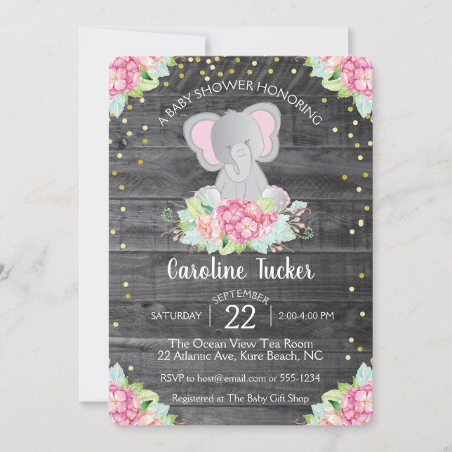 Invitación Elephant Baby Girl Shower Rustic Flortic (Anverso)