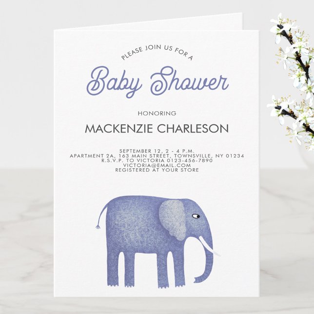 Invitación Elephant Baby Shower (Blue elephant baby shower invitation folded card)