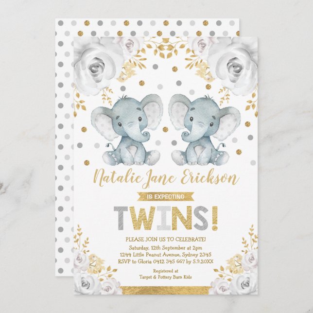 Invitación Elephant Baby Shower Alabaster Floral (Anverso / Reverso)
