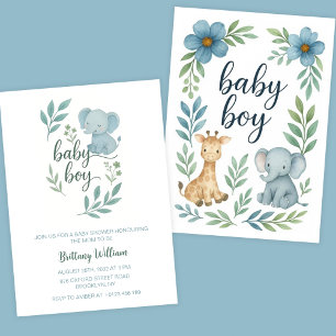 Invitación Elephant Baby Shower Blue Baby Boy