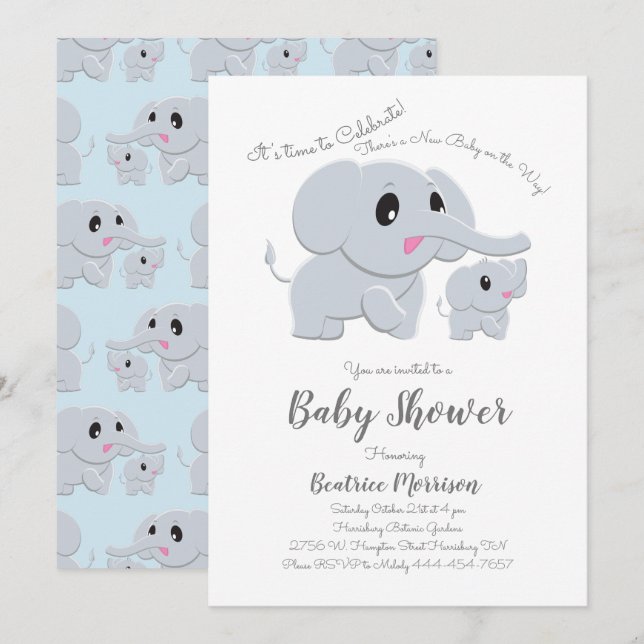Invitación Elephant Baby Shower Blue Boy (Anverso / Reverso)