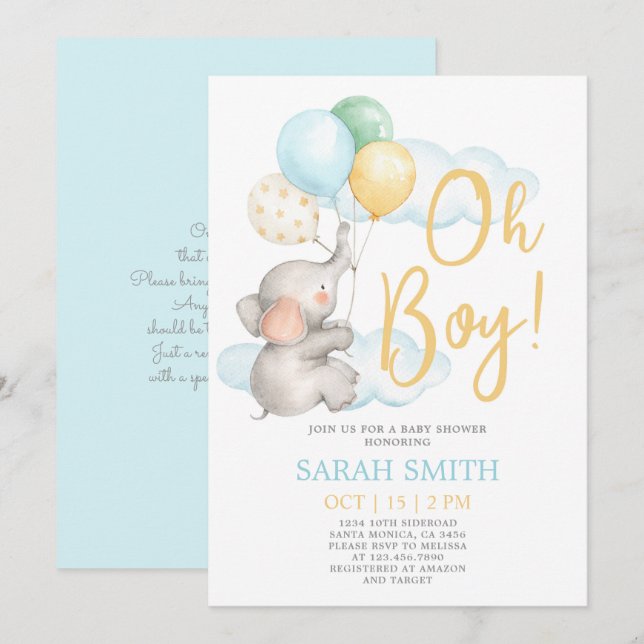 Invitación Elephant Baby Shower boy (Anverso / Reverso)