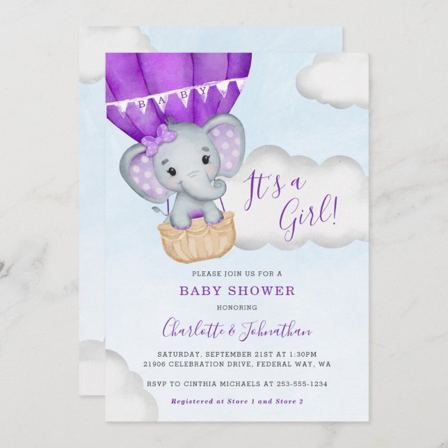 Invitación Elephant Baby Shower Chica de globo púrpura (Anverso / Reverso)