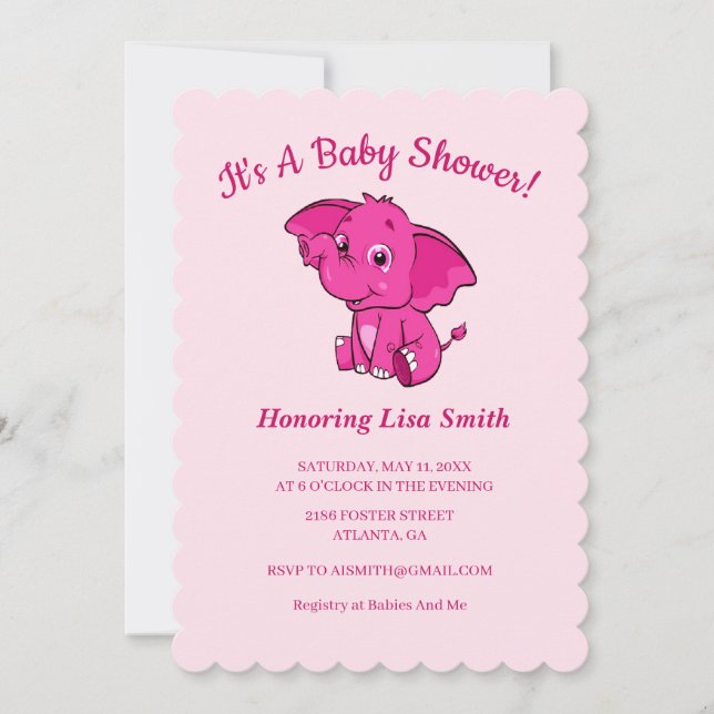 Invitación Elephant Baby Shower, Chica rosa (Anverso)