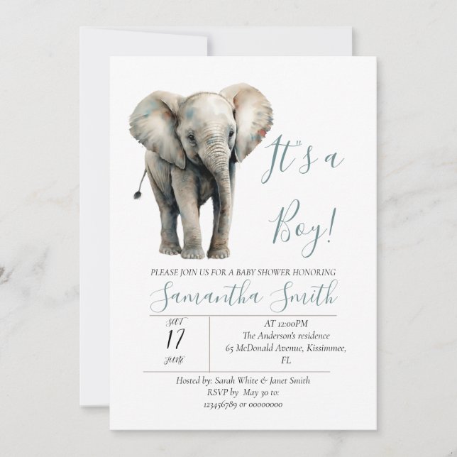 Invitación Elephant Baby Shower es un tema masculino (Anverso)