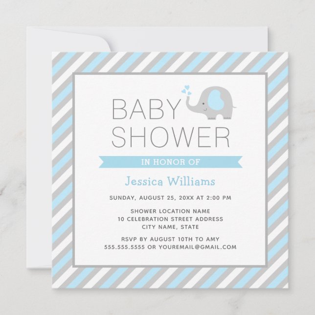Invitación Elephant Baby Shower Invitation Boy - Azul y gris (Anverso)