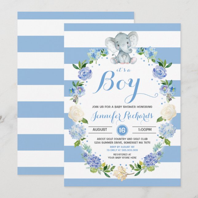 Invitación Elephant Baby Shower Invitation Boy Baby Shower (Anverso / Reverso)