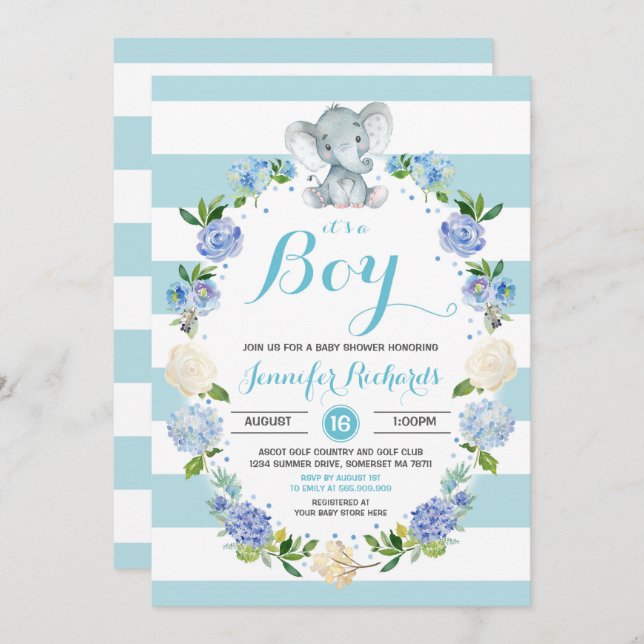 Invitación Elephant Baby Shower Invitation Boy Baby Shower (Anverso / Reverso)