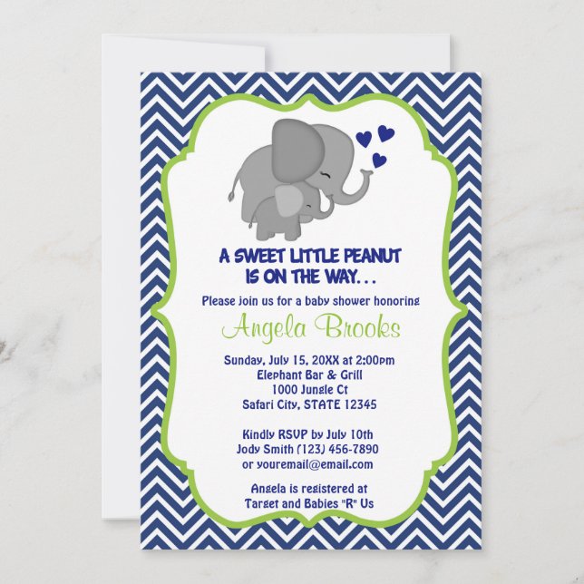 Invitación Elephant Baby Shower Invitó a la Armada Chevron (Anverso)