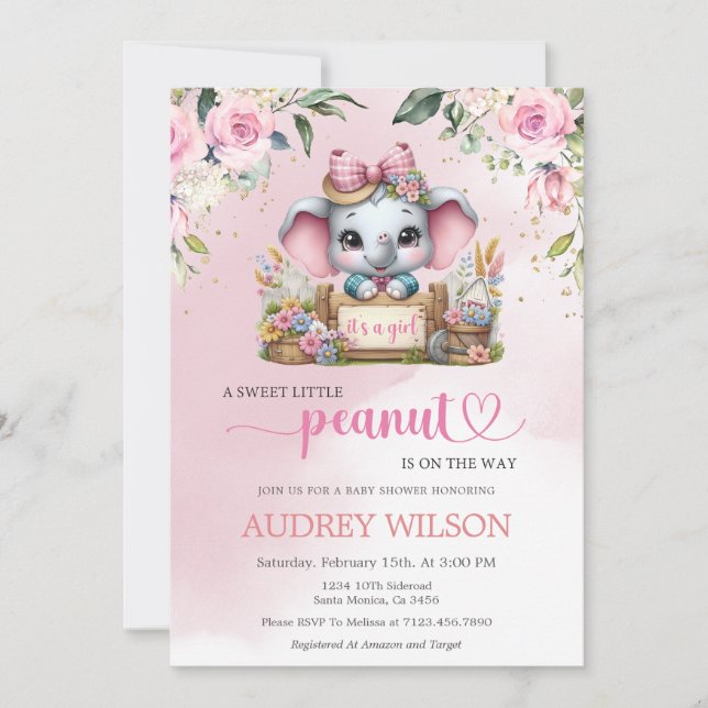 Invitación Elephant Baby Shower It's A Chica (Anverso)