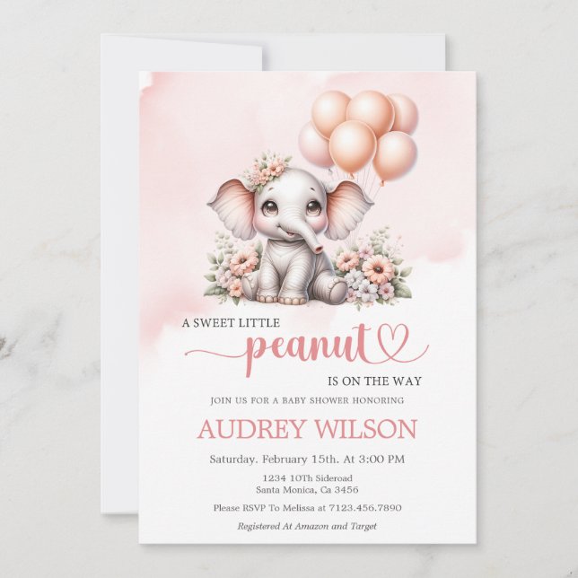 Invitación Elephant Baby Shower Sweet Little Peanut (Anverso)