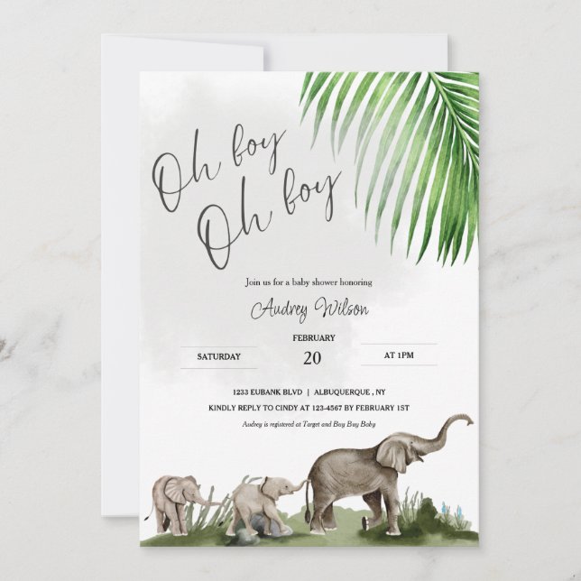 Invitación Elephant Baby Shower Twin Baby (Anverso)