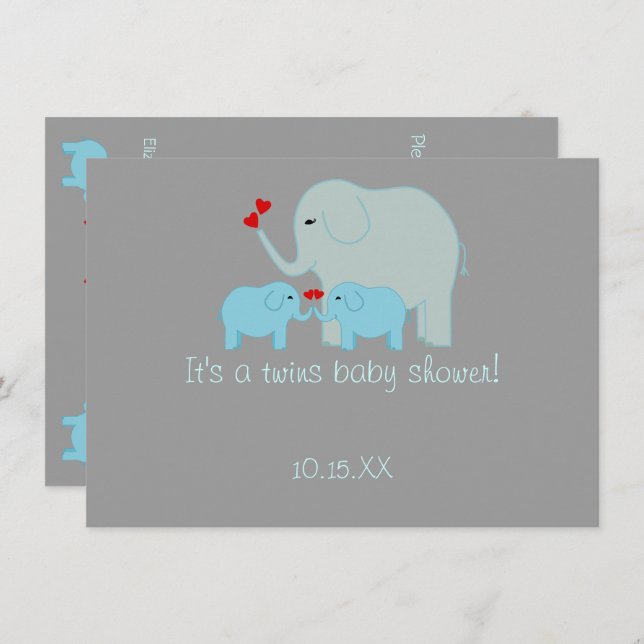 Invitación Elephant Baby Shower Twin Boys (Anverso / Reverso)