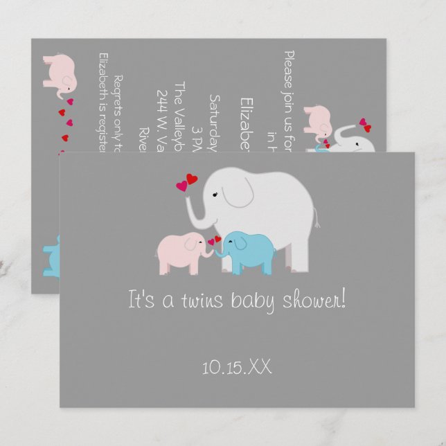 Invitación Elephant Baby Shower Twins Boy Chica (Anverso / Reverso)