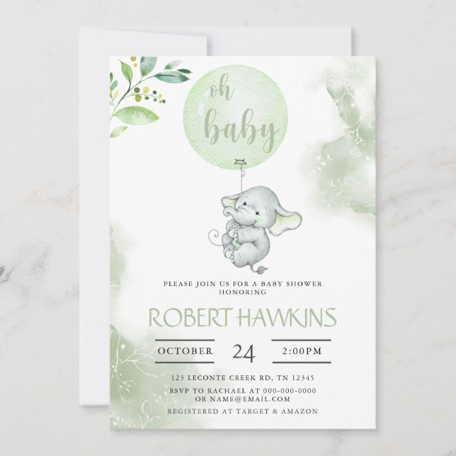 Invitación Elephant Balloon Baby Shower (Anverso)