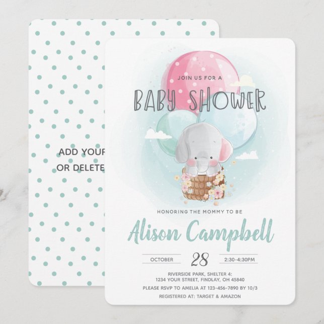 Invitación Elephant Balloons Género Neutral Baby Shower (Anverso / Reverso)