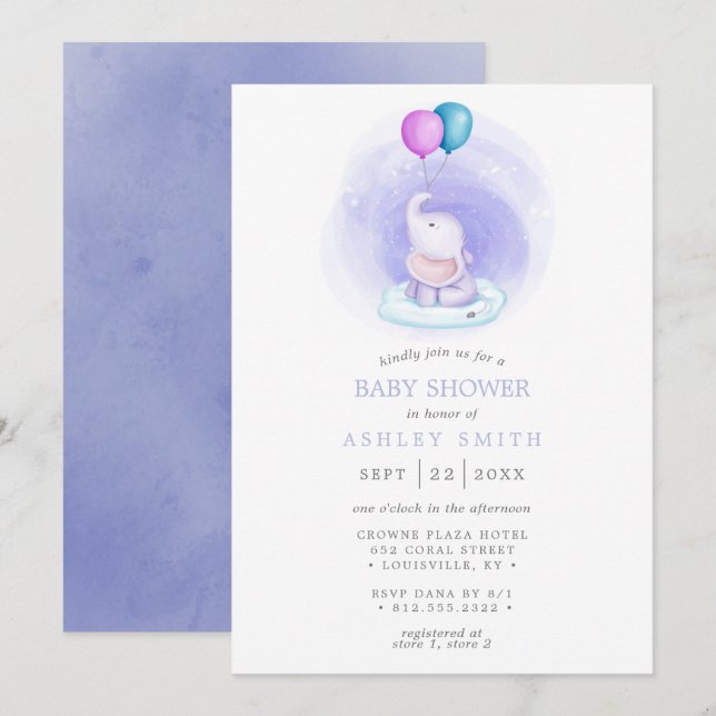 Invitación Elephant Balloons Watercolor Whimsical Baby Shower (Anverso / Reverso)