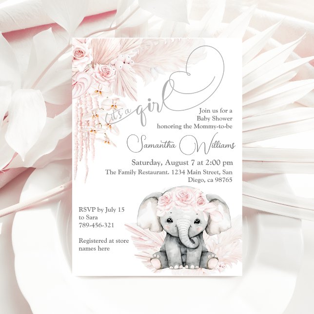 Invitación Elephant Blash Flor rosa Boho Baby Shower (Subido por el creador)