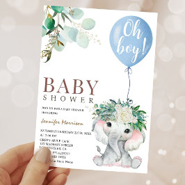 Invitación Elephant Blue Balloon Watercolor Baby Shower