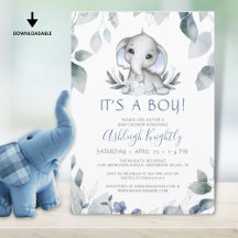 Elephant Blue Boy Baby Shower Watercolor Greenerat