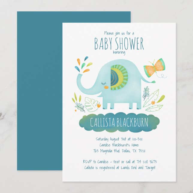 Invitación Elephant Blue Boy Cute Jungle Baby Shower (Anverso / Reverso)