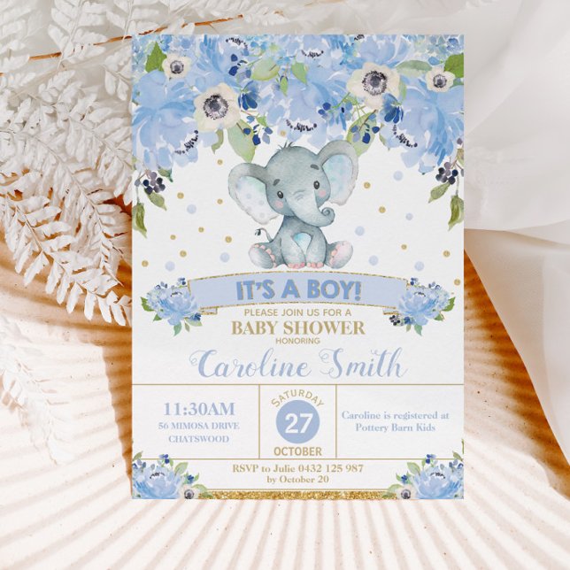 Invitación Elephant Blue Floral Baby Shower Baby Boy (Subido por el creador)