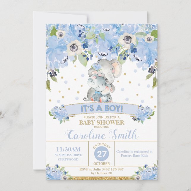 Invitación Elephant Blue Floral Baby Shower Boy Mamá y Bebé (Anverso)
